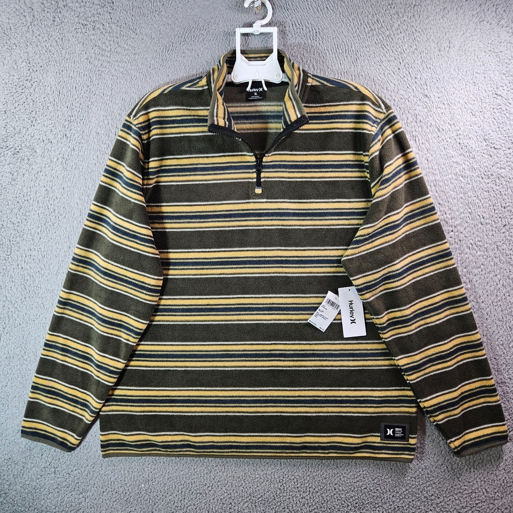 NEW Hurley Fleece Sweater Men XL 1/4 Zip Pullover Olive‎ Green Yellow Striped